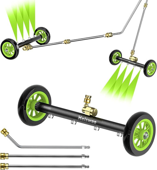Undercarriage Pressure Washer Attachment 16 inch, Water Broom 4000 PSI | Heliwoo Dual Function Power Washer Surface Cleaner with 4 Nozzles & 3pcs 1/4’’ QC Extension Wand for Chassis Driveway Yard