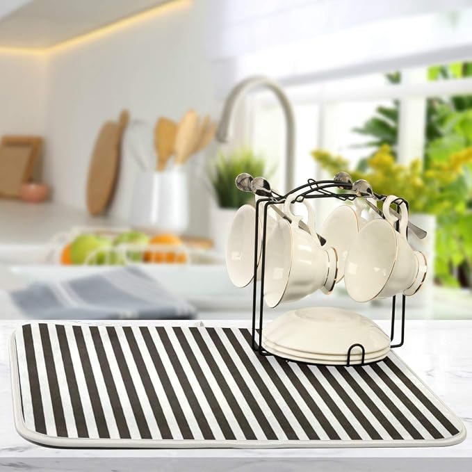 Black Striped White Dish Drying Mat for Kitchen, Absorbent Microfiber Drying Pad Dish Mat, 24" X 18"