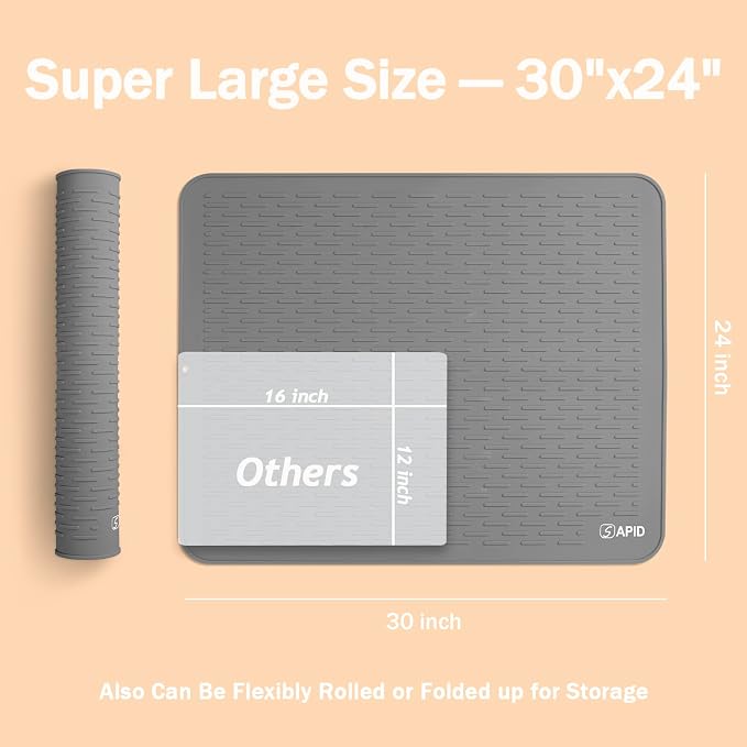Extra Large 30 x 24 Inch Silicone Dish Drying Mat for Dish Drying Rack , Easy Clean Silicone Drying Mat for Kitchen Counter , Non-Slip Dish Drain Matt , Heat Resistant Silicon Dish Mat , Gray , SAPID