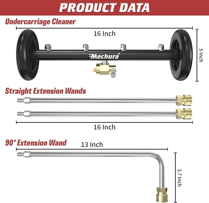 16 Inch Undercarriage Pressure Washer Attachment, 4000 PSI | Undercarriage Cleaner & Water Broom, 1/4" Quick Connect Pressure Washer Accessories with 3 Extension Wands, Black