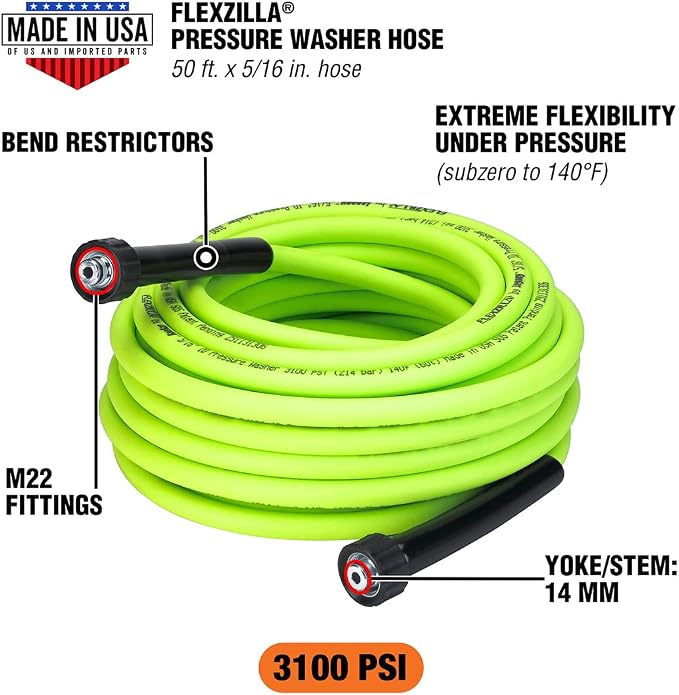 Flexzilla Pressure Washer Replacement Hose, 5/16 in. x 50 ft., 3100 PSI, M22 Fittings, No-Kink, Lightweight, ZillaGreen