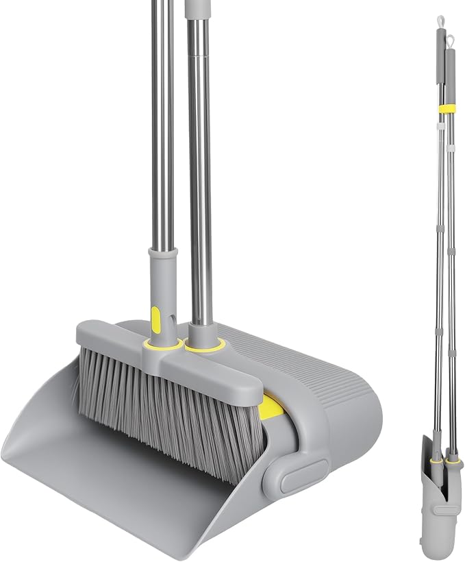 Broom and Dustpan Set, 61-Inch Adjustable Handle, Standing Dustpan | 180° rotating head reaches under furniture; comb teeth remove pet hair and dust for easy indoor and outdoor floor cleaning.