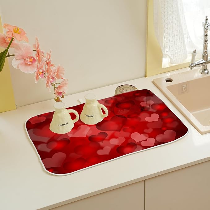Red Valentines Dish Drying Mat 18x24 Inch Red Hearts Dish Drainer Protector Pad for Kitchen Counter Absorbent Holiday Drying Pad for Drainer Rack Kitchen Fast Dry