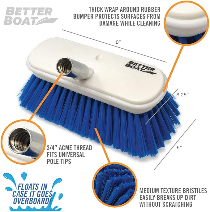 Medium Boat Deck Brush, Heavy-Duty Marine Brush Head, 8" Bristle with Bumper, 3/4" Thread Handle, for RV, Truck, and Auto Cleaning