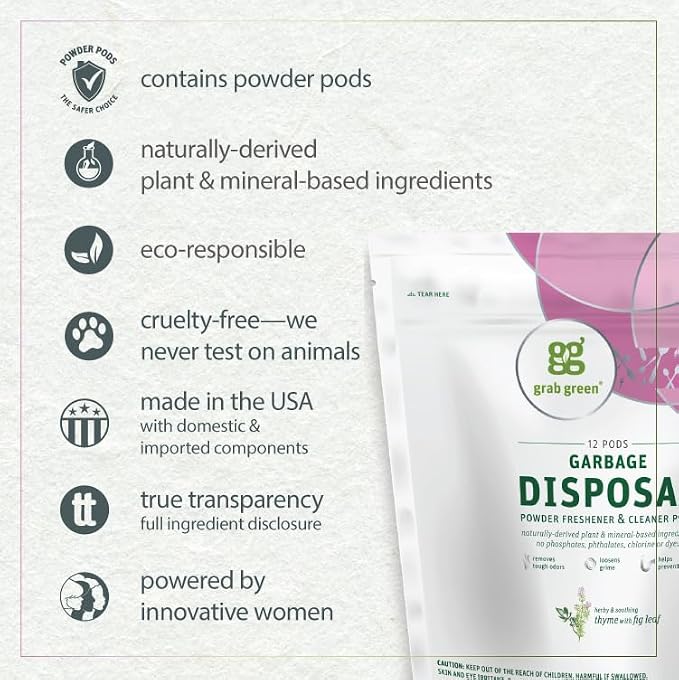 Grab Green Garbage Disposal Freshener and Cleaner Pods, 48 Count, Thyme Fig Leaf Scent, Plant and Mineral Based, Removes Odors, Loosens Grime, Prevents Clogging
