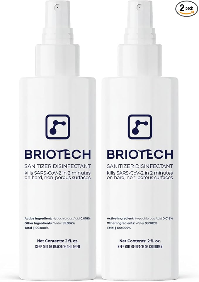 BRIOTECH Sanitizer Disinfectant Hypochlorous Spray, Kill 99.99% of Viruses & Bacteria, Control Mold, Eliminate Odor, Gentle for Nurseries, Food Contact Surface Sanitizer, 2 fl oz Travel Size (2 Pack)