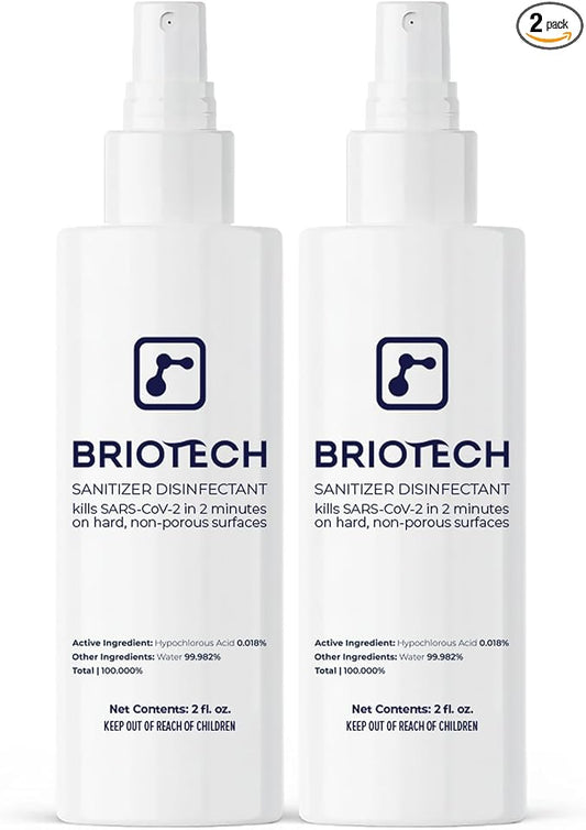 BRIOTECH Sanitizer Disinfectant Hypochlorous Spray, Kill 99.99% of Viruses & Bacteria, Control Mold, Eliminate Odor, Gentle for Nurseries, Food Contact Surface Sanitizer, 2 fl oz Travel Size (2 Pack)