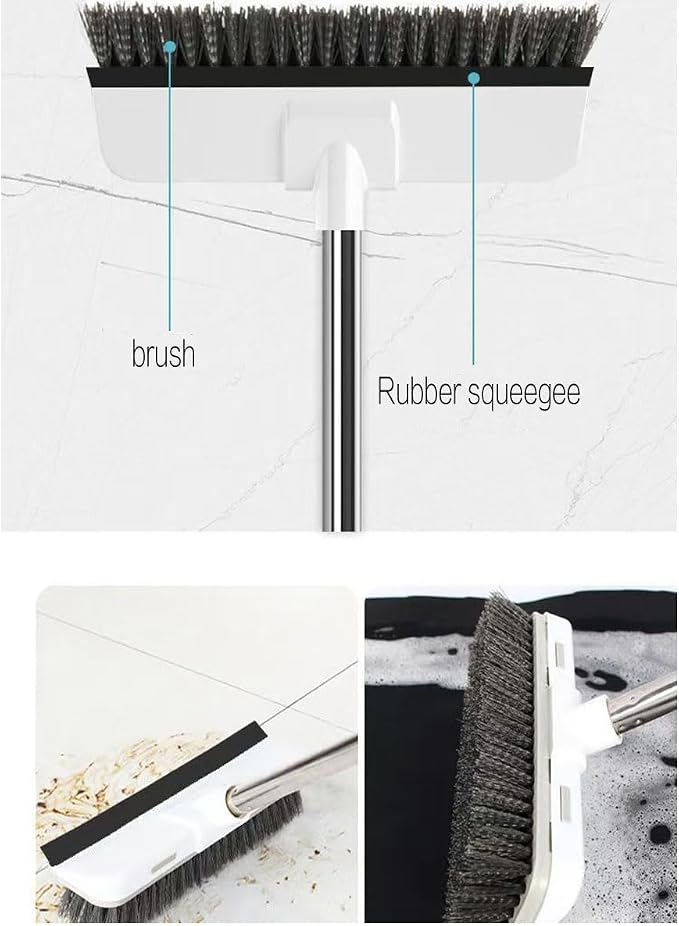 Floor Scrub Brush with Long Handle 2 in 1 Scrape Brush Stiff Bristle Floor Scrubber with Squeegee Cleans Kitchen, Wall, Tile, Grout, Tub for Cleaning Patio Bathroom Garage Wall Deck