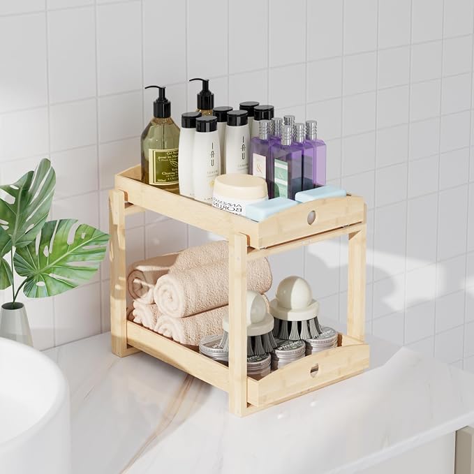 APRTAT 2 Pack Under Sink Organizer, Bamboo Wooden 2-Tier Pull-Out Storage with Sliding Drawers for Kitchen and Bathroom Cabinets, Easy Installation (Natural)