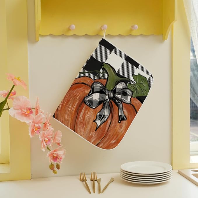 Fall Dish Drying Mat 18 x 24 Inch Thanksgiving Buffalo Plaid Pumpkin Drying Mat for Kitchen Counter Absorbent Farmhouse Autumn Orange Pumpkin Dishes Dry Pad for Drainer Rack Kitchen Fast Dry