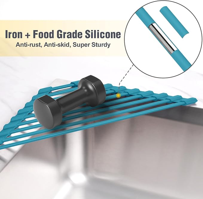 Tomorotec Compact Silicone-Coated Triangle Dish Drying Rack for Sink Corner - Foldable Stainless Steel Over-The-Sink Organizer and Storage Shelf (Dark Green)