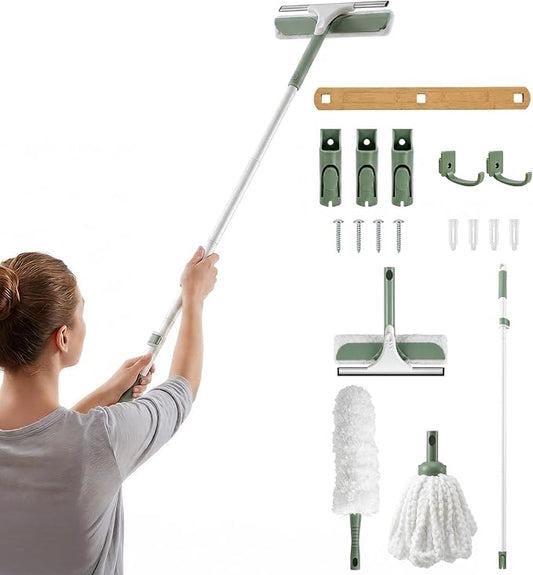 DEANIC High Reach Cleaning Kit with Extendable Handle, 4-in-1 Microfiber Duster, Window Squeegee and Strip Mop Set for Ceiling Fans, Blinds, Windows and Home Cleaning