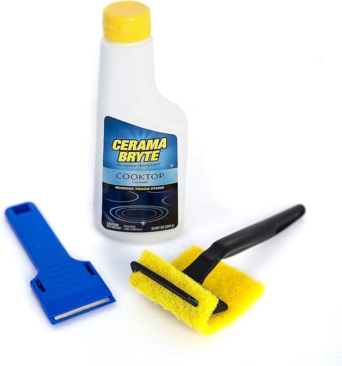 Cerama Bryte - Cooktop Cleaning Kit - Includes 10 oz. Bottle of Cerama Bryte Cooktop Cleaner, 2 Cleaning Pads, 1 POW-R Grip Pad Tool and 1 Scraper packed in Reusable Container, White (SYNCHKG114607)