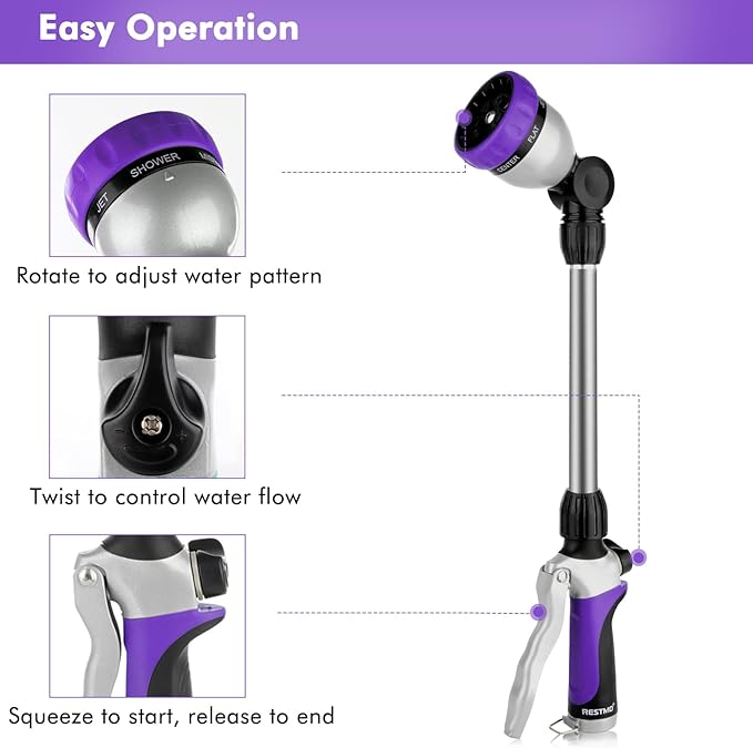 RESTMO Heavy Duty Metal Hose Wand, Watering Wand for Garden Hose | 180° Swivel Ratcheting Head, 16'' Hose Sprayer, 7 Spray Patterns, Flow Control, Ideal for Hanging Baskets & Shrubs, Purple