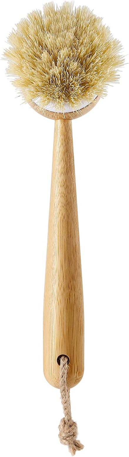 SUBEKYU Dish Brush with Handle, Natural Bamboo Dish Scrubber Brush, Kitchen Dishwashing Brush for Cleaning Dishes/Pans/Pots/Sinks, Sisal Bristles, 2P