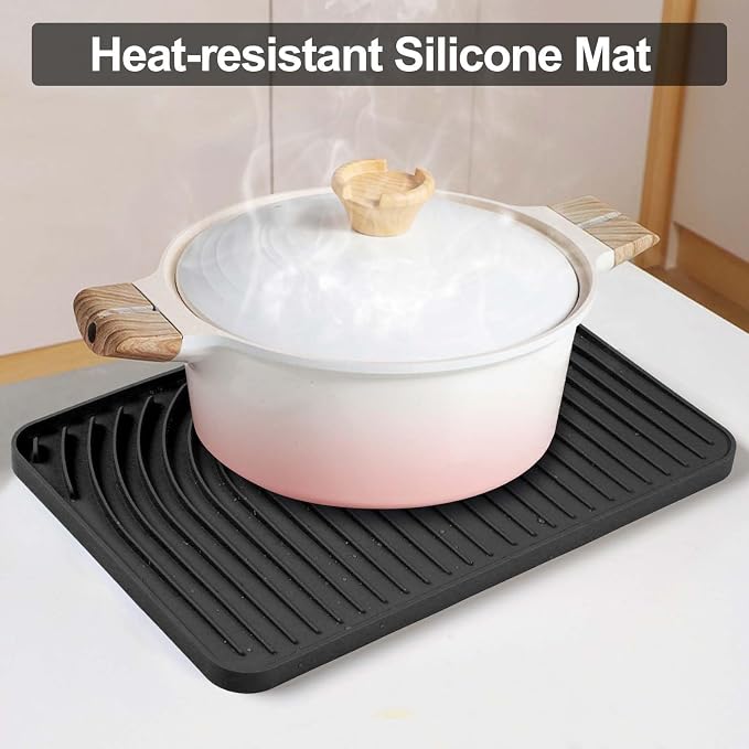 Dish Drying Mat for Kitchen Counter, with Built-in Drain Lip, Food-Grade Silicone, Easy Clean Pad for Countertop Protection, Multi-Functional Use (18 x12 Raised Sink, Black)