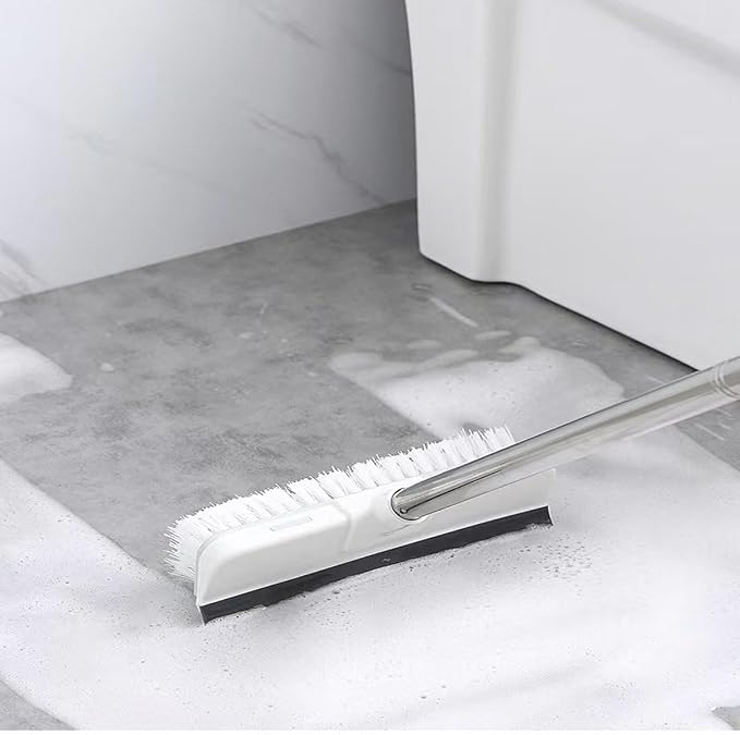 Floor Scrub Brush with Long Handle 2 in 1 Scrape Brush Stiff Bristle Floor Scrubber with Squeegee Cleans Kitchen, Wall, Tile, Grout, Tub for Cleaning Patio Bathroom Garage Wall Deck