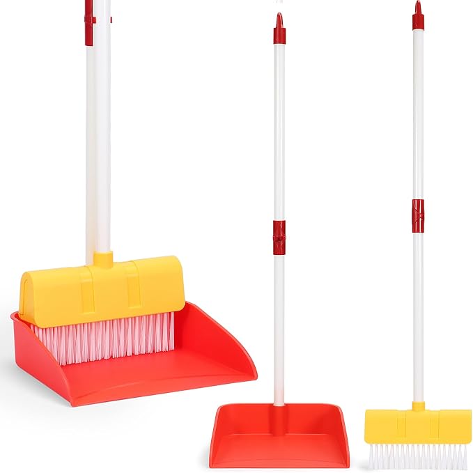 Kids Cleaning Toy Set Toddlers Broom Dust Pan Set for Housekeeping Pretend Play Cleaning Set, Cleaning Toys Gift for Toddlers Girls Boys Age 3-6 Years Old (2PCS - Red and Yellow Set)