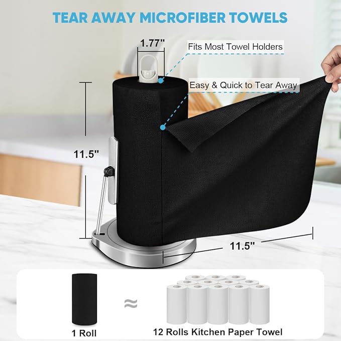 AIDEA Microfiber Cleaning Cloth Roll-75PK, Black Paper Towels 11.5"×11.5" | Microfiber Towels for Cars, Reusable Tear Away Cloth, Shop Rags, Lint Free Cleaning Rags for House, Kitchen, Window