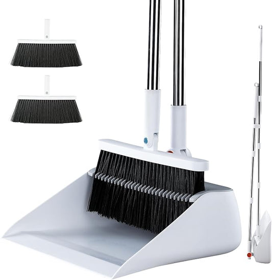 MOPALL Broom with Dustpan Combo Set Collapsible Standing Inc 2 Broom Heads | 53" Long Handle, Self-Cleaning Dust Pan Teeth, 180° Swivel Brooms Head, Upright Standing for Sweeping Indoor Dog Cat Hair