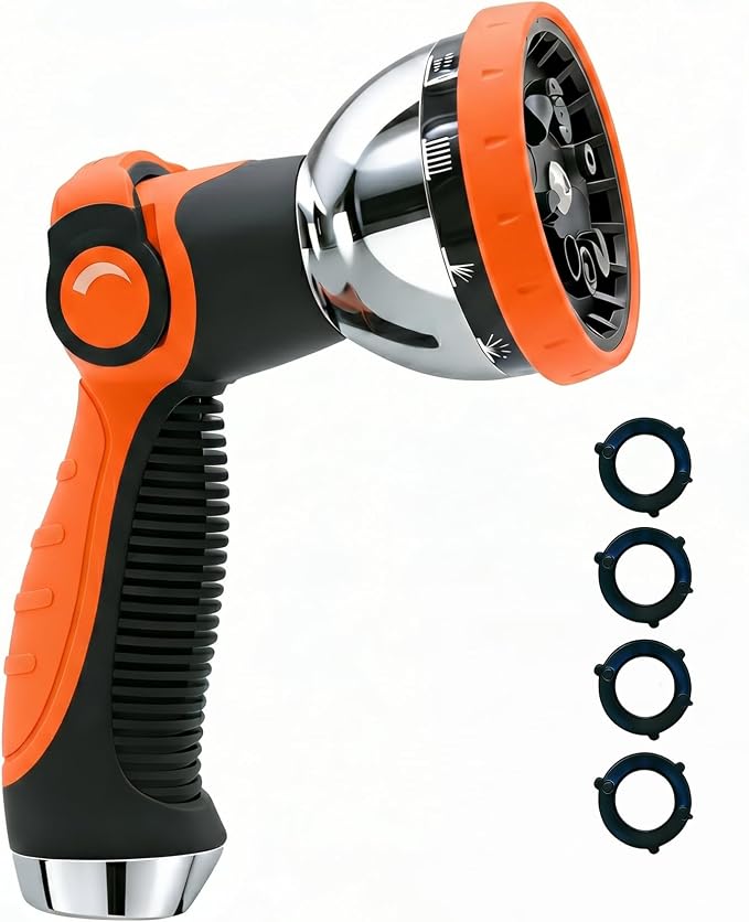Garden Hose Nozzle Heavy Duty, Metal Water Hose Sprayer with 10 Adjustable Spray Patterns, Thumb Control On Off Valve, High Pressure Hose Nozzle for Watering, Car Washing & Pet Shower - Orange