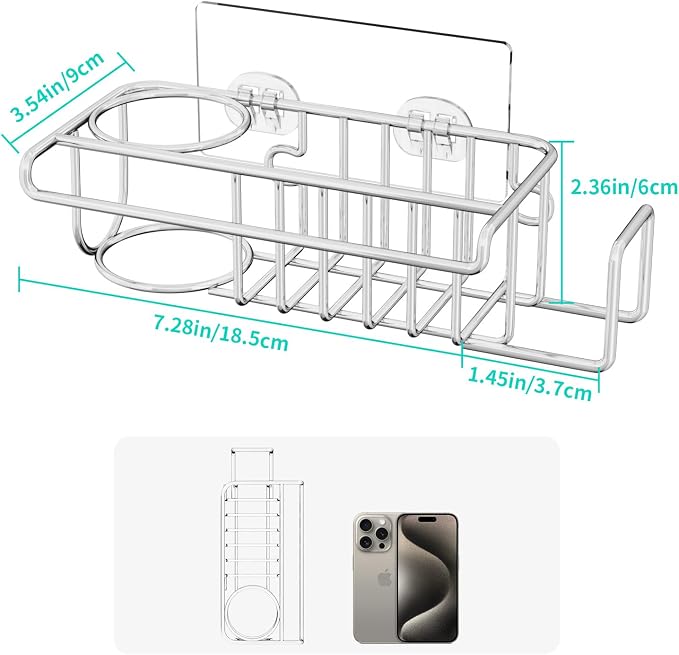 HapiRm 4 in 1 Sink Caddy Sponge Holder, SUS304 Stainless Steel Kitchen Brush Holder and Dish Cloth Hanger, Kitchen Organizers and Storage Essentials - Silver