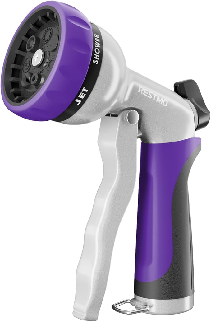 RESTMO Garden Hose Nozzle, Heavy Duty Metal Water Hose Nozzle with 7 Adjustable Spray Patterns, High Pressure Hand Sprayer with Flow Control, Best for Watering Plant & Lawn, Washing Car & Pet, Purple