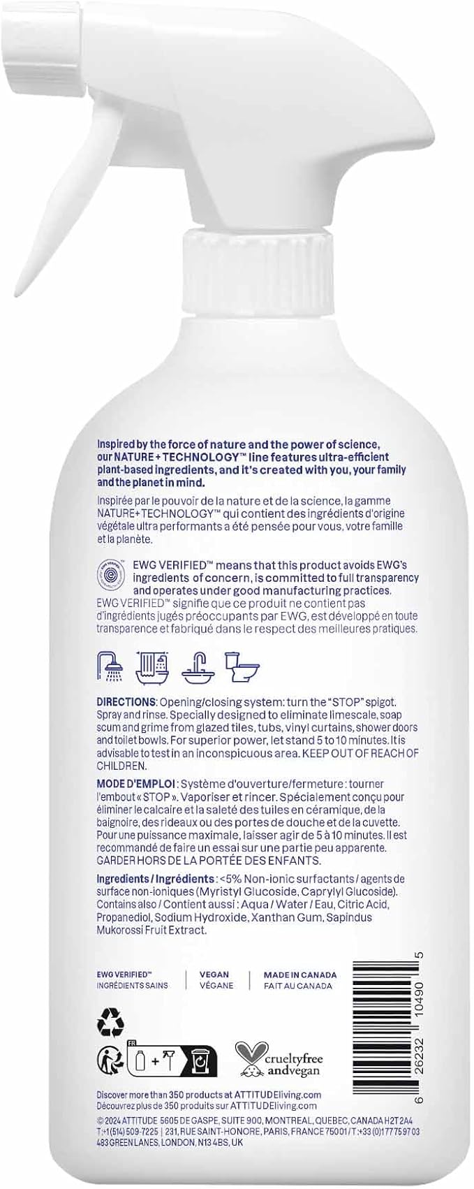 ATTITUDE Bathroom Cleaner Spray, EWG Verified, Plant-Based & Vegan, Safe for Bathroom Surfaces, Tiles, Tubs, Shower Walls, and Grout, Unscented, 27.1 Fl Oz