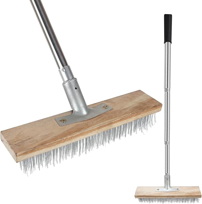 Floor Scrub Brush, Concrete Outdoor Broom Long Handle Cleaning Tool | Metal Wire Pool Deck Brush Stainless Steel, Garage Patio Gunite Tile Algae Moss for Scrubbing Heavy Duty
