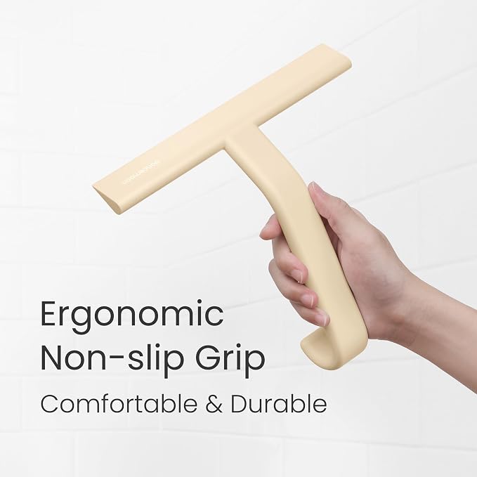 dancemoon JustHang Shower Squeegee with Built-in Hook, 10'' Sand Beige | Award-Winning Design, All-One-Piece Soft-Touch Silicone, for Glass Door, Bathroom, Window, Mirror, Tile Wall, Car