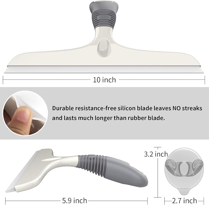 MR.SIGA Silicone Squeegee for Shower Doors, 25 cm/10 inch, White & Gray | Shower squeegee for glass doors, streak free squeegee for windows, showers and glass surfaces, includes suction hook
