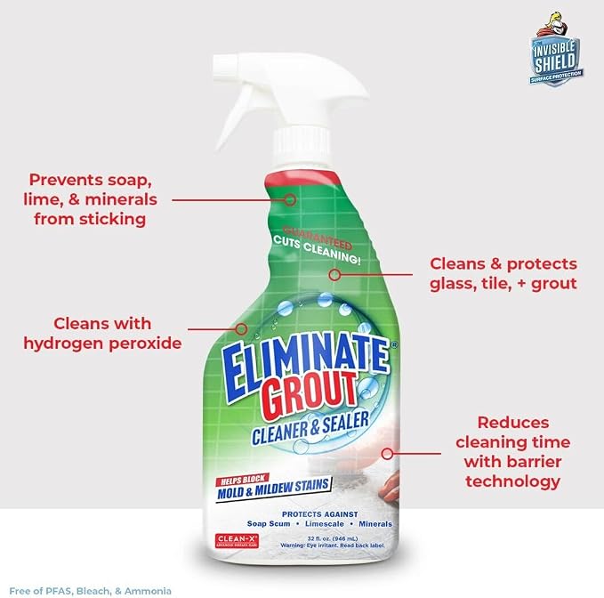 Clean-X Eliminate Grout Cleaner & Sealer with Hydrogen Peroxide – 32 fl. oz. by UNELKO Invisible Shield - 2 pack