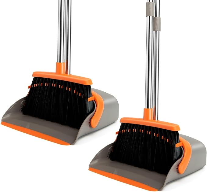 2-Pack Broom and Dustpan Combo Set, Long Handle, Gray Orange | Standing Dustpan, Heavy Dust,House Accessories for Home, Kitchen, Office, Pet Hair
