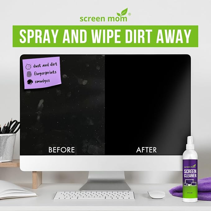 Screen Mom Screen Cleaner Spray 2 Pack-2x8oz for TV, Car, Laptop & Computer | Streak-Free Finish, Glass & OLED Safe, Alcohol-Free Formula, Cleans Phones & Tablets, No Residue, Includes Microfiber Cloths