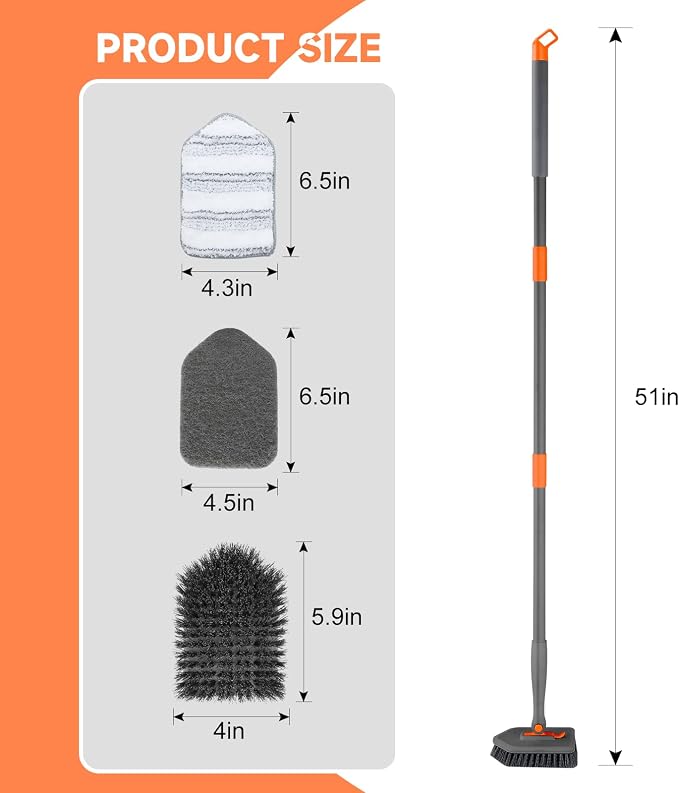 nacena Shower Scrubber with Long Handle, 3 in 1 Tile Tub Scrubber Brush with 3 Detachable Cleaning Heads Adjustable Handle Shower Cleaner Brush for Bathroom, Kitchen, Toilet, Wall, Sink, Grey Orange