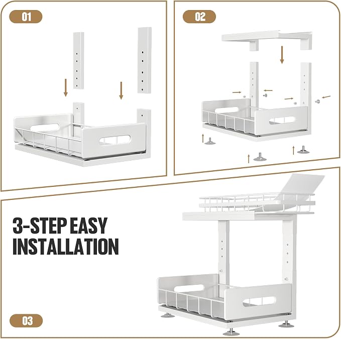 Under Sink Organizer Upgrade To Professional Rails,2-Tier Dual Pull Out Cabinet Storage,Height Adjustable Slide Out Drawers For Bathroom Kitchen,2 Pack-14.5" Dx12.8-16.9" H,White