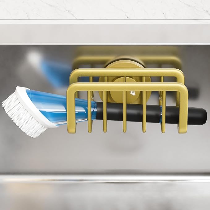 TAILI Sponge Holder for Kitchen Sink with Strong Suction Cup, Rustproof Aluminum Sink Caddy for Sponges, Removable Sponge Holder, Dish Brush for Scraper - Gold