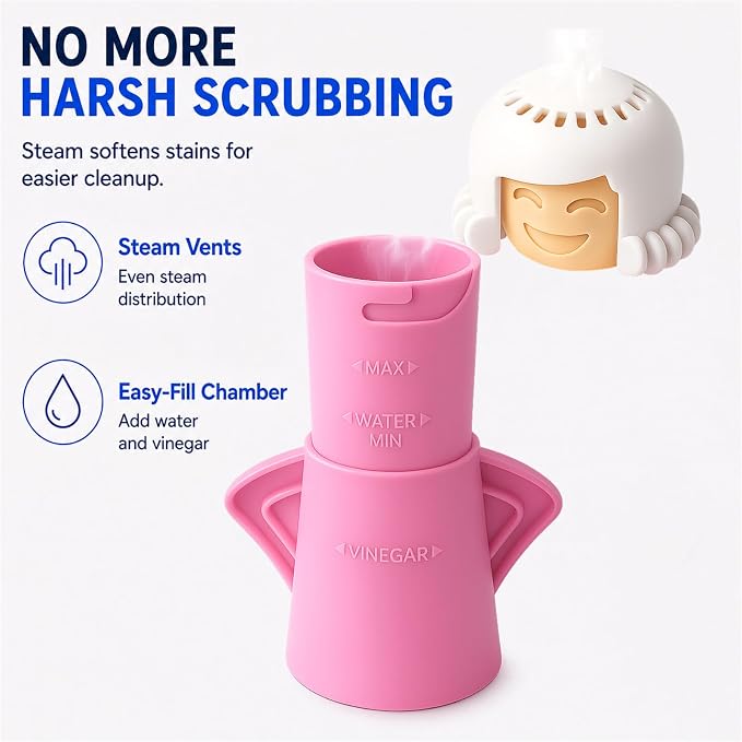 Microwave Steam Cleaner Tool, Fill with Vinegar & Water, Optional Lemon Drops, Heat 5-7 Minutes to Soften Grease & Residue, Non-Toxic Reusable Kitchen Cleaner for Microwaves (Pink)