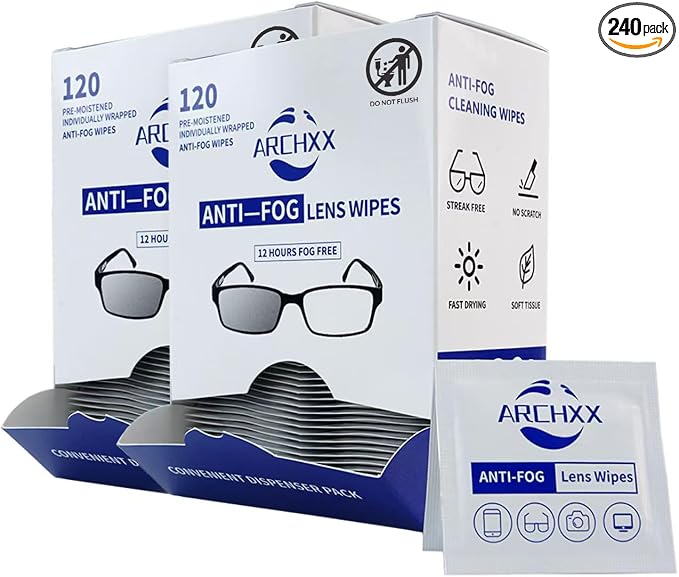 ARCHXX Anti Fog Wipes for Glasses, 240 Count,Pre-Moistened Cleaning Wipes, Lens Cleaner Wipe for Eyeglasses,Sunglasses,Goggles,Screen,Phone,Individually Wrapped Eye Glasses Cleaner