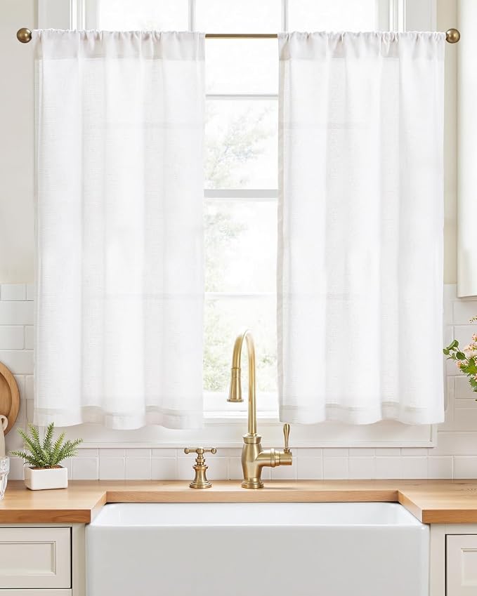 jinchan Kitchen Curtains Linen Tier Curtains 45 Inch Farmhouse Cafe Drapes for Small Window Flax Country Rustic Rod Pocket Bathroom Laundry Room RV Light Filtering 2 Panels White | Light filtering, cafe curtains, machine washable, farmhouse, kitchen, b...