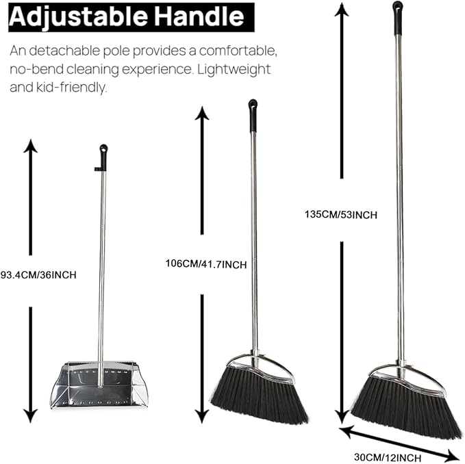 Indoor Broom and Dustpan Comb Set,Heavy Duty Stainless Steel Metal Dust Pan with Long Handle Sweeping Soft Bristles Broom for Floor Home Lobby Office