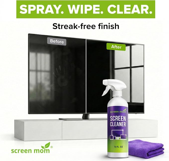 Screen Mom Screen Cleaner Spray 16oz Bottle for TV, Car, Laptop & Computer | Streak-Free Cleaning, Glass & OLED Safe, Alcohol-Free Formula, Scratch-Resistant Microfiber Cloth, Safe for Phones & Tablets