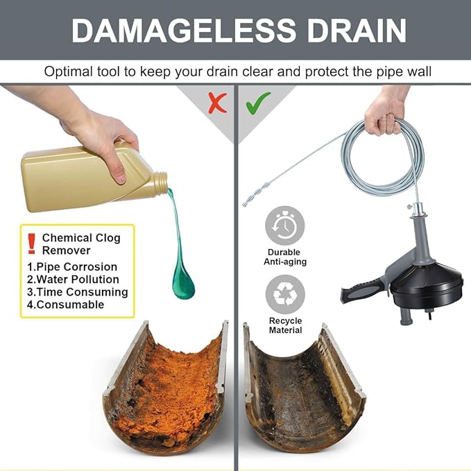 Drain Auger, Clog Remover with Drill Adapter, 25 Feet Flexible Plumbing Snake Use Manually or Powered for Kitchen,Bathrom and Shower Sink, Comes with Gloves(Gray)