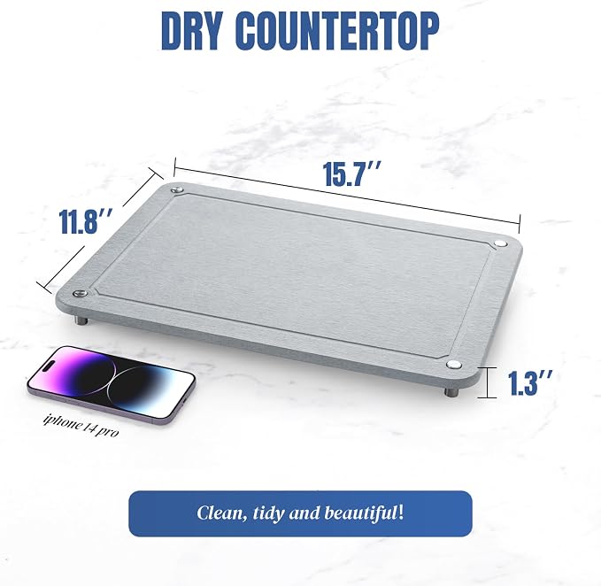 Stone Drying Mat for Kitchen Counter, Diatomaceous Dish Drying Mats Superb Absorbent with Non-Slip Stainless Steel Feet for Dishes, Bottles and more, 15.7"(L)×11.8"(W), Light Grey Square