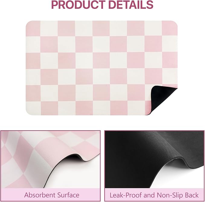 Dish Drying Mat for Kitchen Counter,12"x 19" Super Absorbent Kitchen Dish Drying Pad, Heat Resistant Drainer Mats with Non-slip Rubber Backed, Pink Checkered Coffee Bar Station Accessories