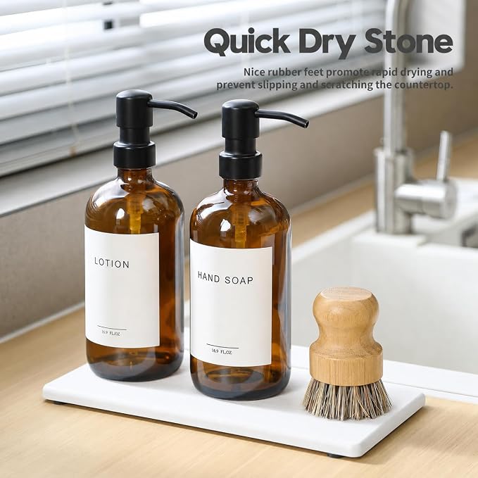 2PCS 10"x 5" Large Bathroom Sink Vanity Trays, Water Absorbing Diatomite Stone Quick Drying Mat for Kitchen Counter, Dish Rack Dispensers Sponge Holder Caddy Organizer, White, 10"x 5"