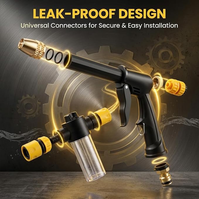 High Pressure Hose Nozzle with 4 Spray Modes, Adjustable Water Spray Gun, Metal Garden Hose Sprayer for Car Wash, Plant Watering, Patio & Outdoor Cleaning (1, Washer+3 Connectors)