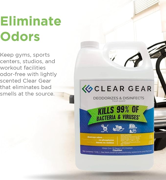 Clear Gear Gym Disinfectant Mat Cleaner, and Gym Equipment Deodorizer for Sports Equipment and Fitness Centers - EPA-Registered, Hospital Grade Disinfectant, Made in USA - (4) 1 Gallon Bottles