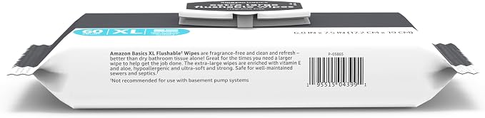 Amazon Basics Extra Large Flushable Wipes, Fragrance Free, pH Balanced, with Vitamin E & Aloe, 60 Count, 3-Pack