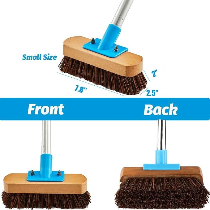 YONILL Floor Scrub Brush with Long Handle for Deck, Patio,Garden, Sidewalk | 60" Adjustable Stainless Steel Handle, Deck Brush with Stiff Natural Palmyra Bristles, Cleaning Rough Surface, Concrete Floor